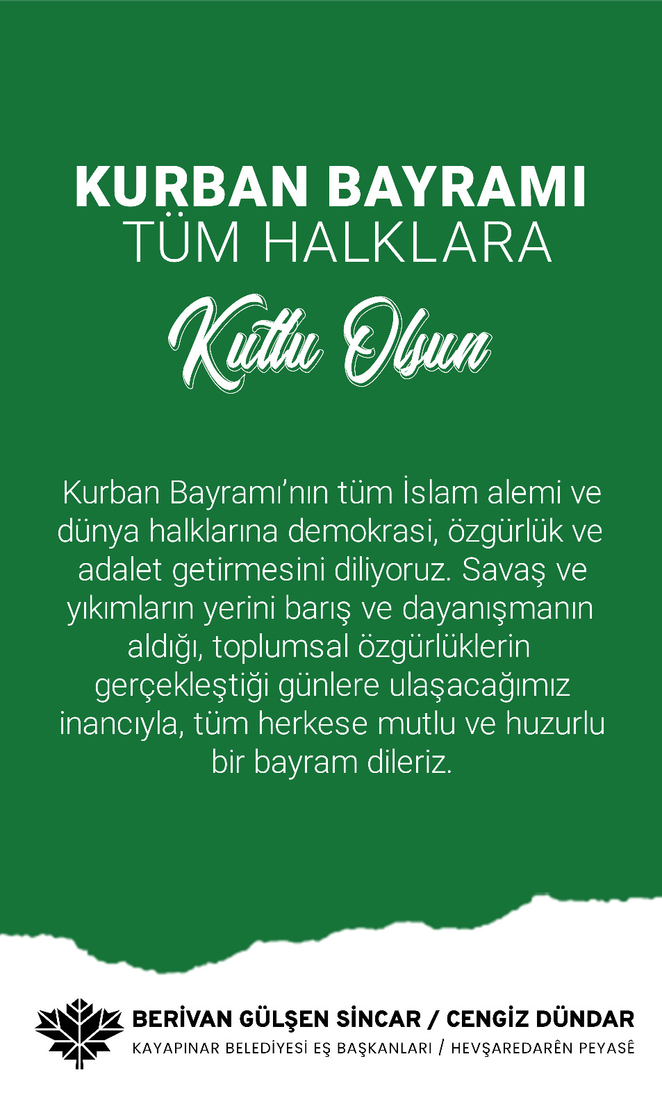 Kurban Bayramı Tüm Halklara Kutlu Olsun